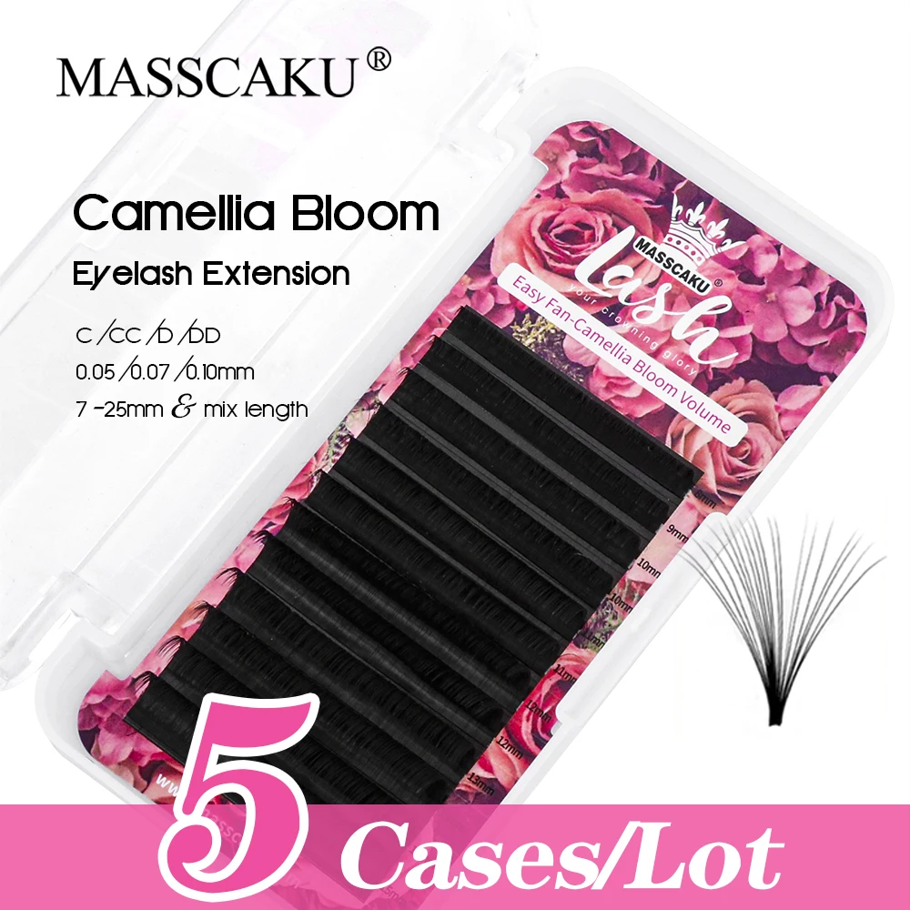 MASSCAKU 5 cases/lot C/CC/D/DD Curl Fluffy Auto Flowering Lash 0.05/0.07/0.10mm Handmade Black Easy Fanning Eyelash in Stock