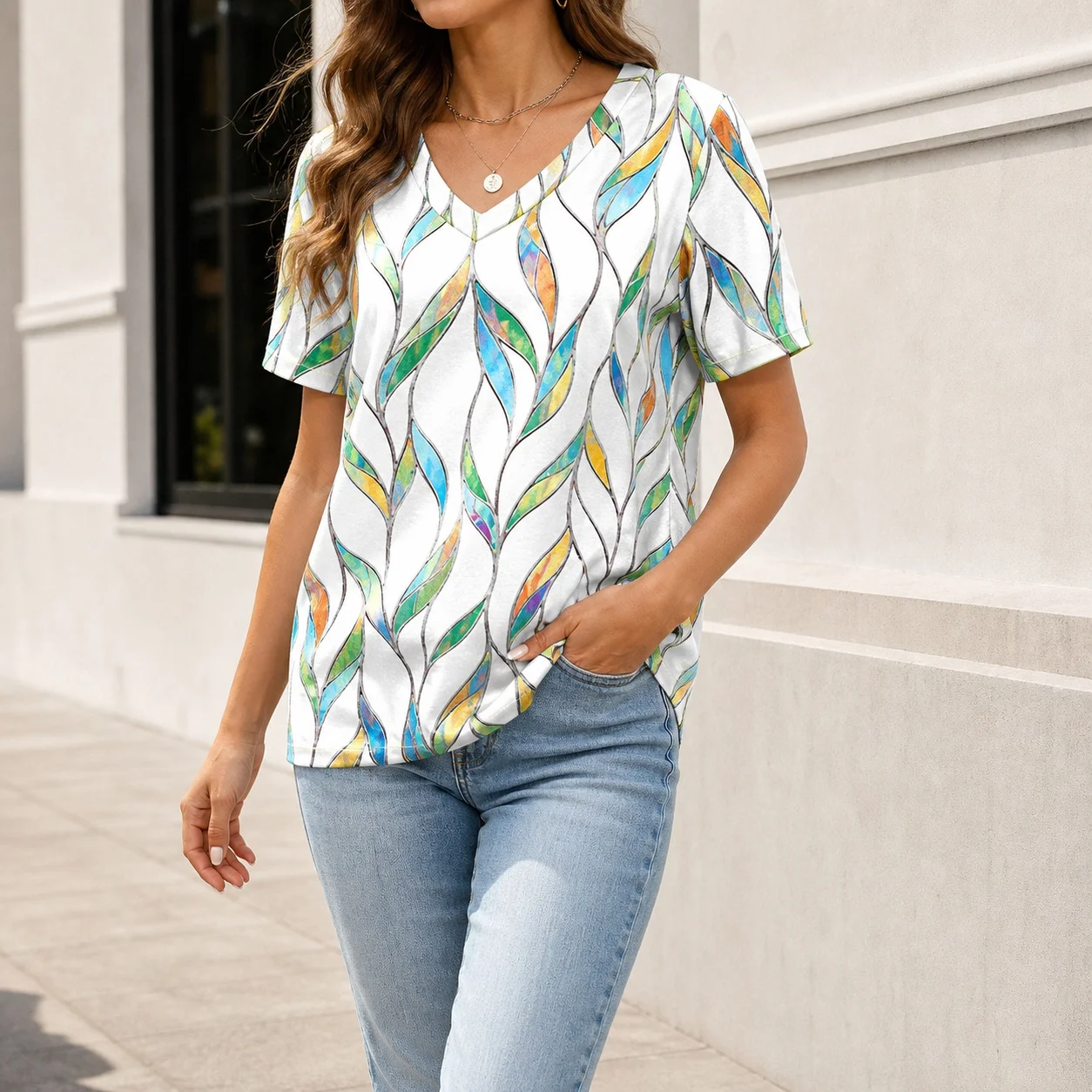 Women's V Neck Short Sleeve Loose Fit Floral Print 3D T Shirt Casual Pullover Mid Length Women's T-shirts And Polos Female