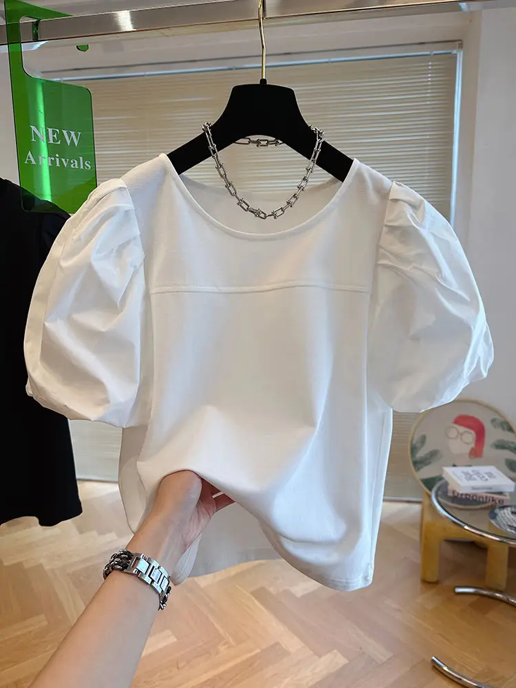 Summer New T-Shirts Causal O-neck Patchwork Puff Sleeve Shirts for Women Chic Korean Sweet Top