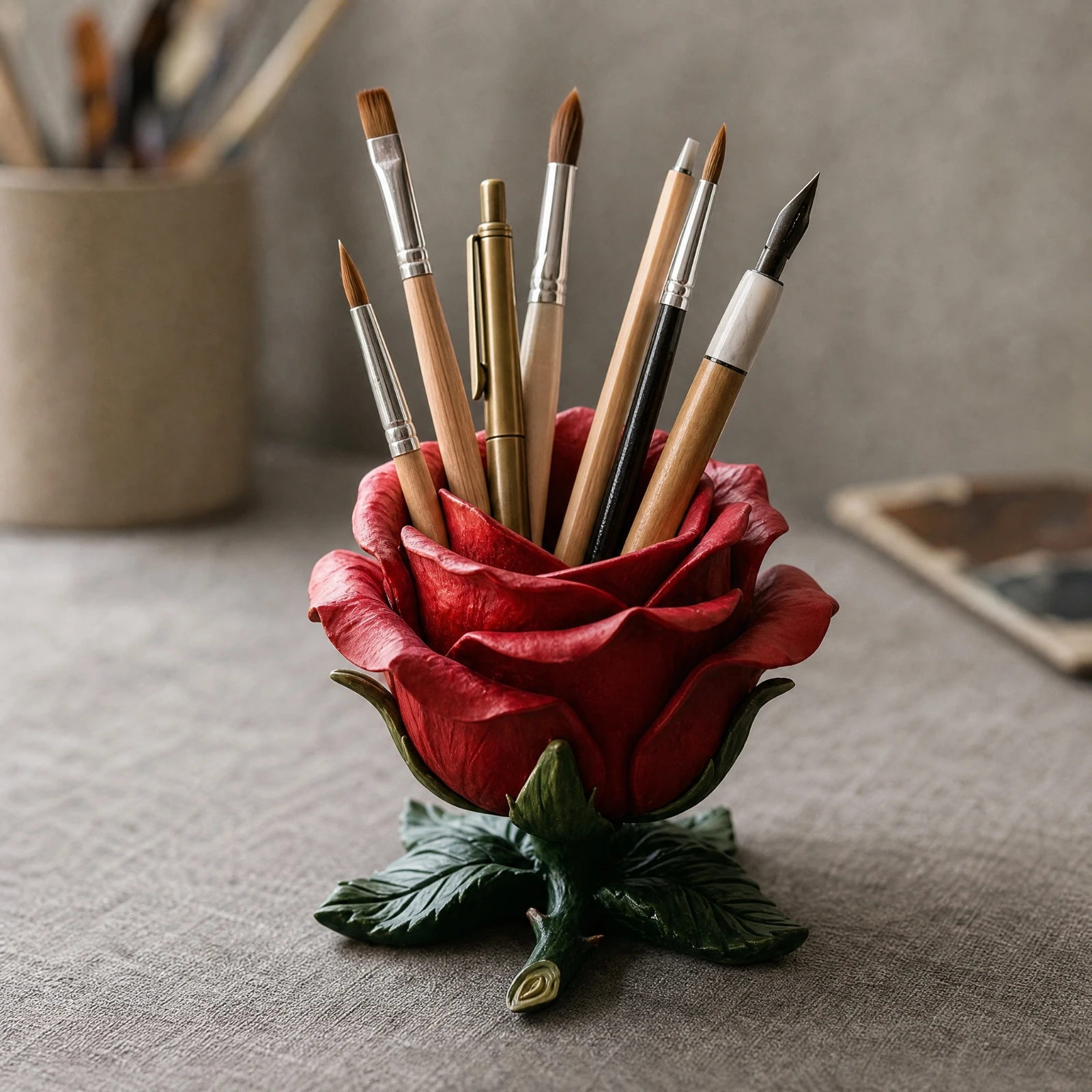 Porte-stylos et porte-pinceaux en forme de rose, organisateur de bureau décoratif à motifs floraux, étui de rangement pour table de travail, idéal pour les artistes et les créateurs.
