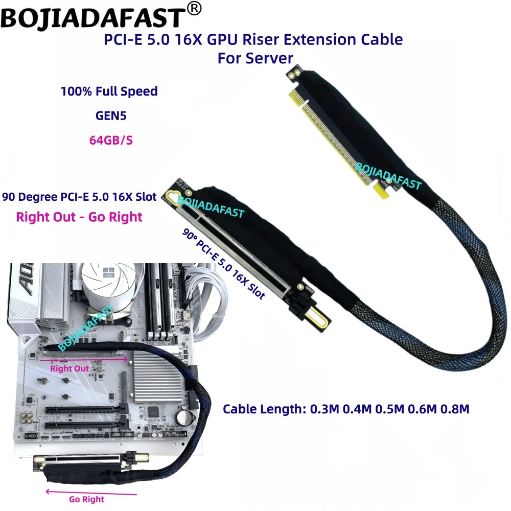 90 Degree PCI-E 5.0 16X to X16 Graphics Card GPU Riser Extension Cable GEN5 0.3M 0.4M 0.5M 0.6M 0.8M for AI Server RTX5090