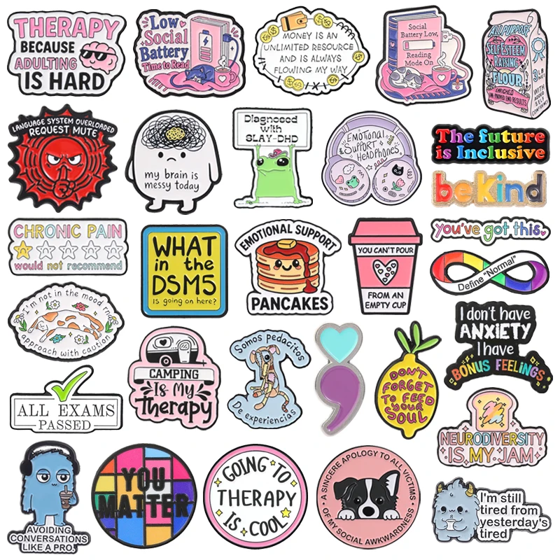 Mental Health Series Enamel Pins My Brain Is Messy Going To Therapy Introvert Mood ADHD Psychology Brooches Badge Jewelry Gifts