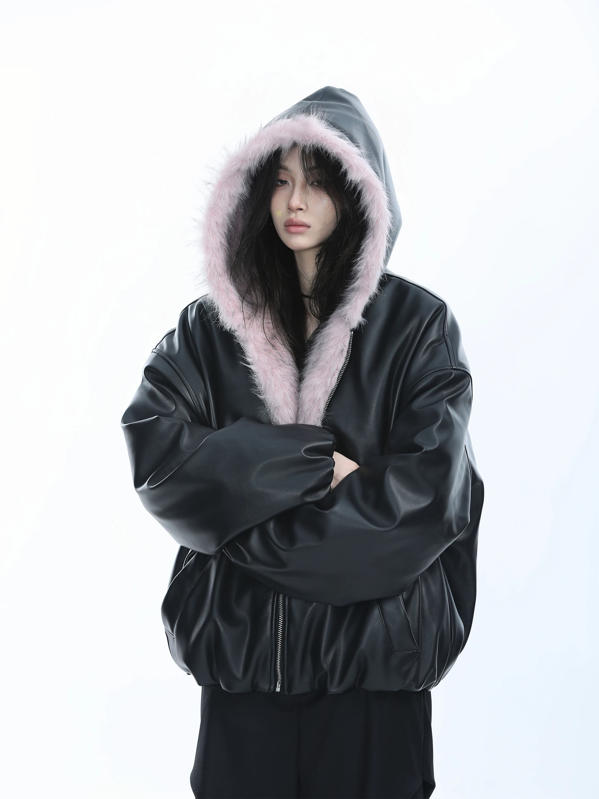 

Thiened Cotton Jaet Hooded Women's Winter Coat Fur Collar American Sle Zuo Ci San Kong Women's Faionable Outerwear