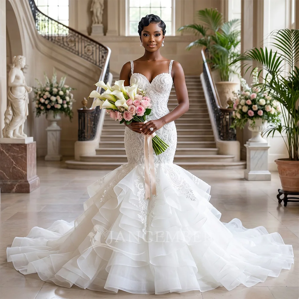 

Customized White Lace Round Neck Wedding Dress 2026 New Tiered Applique Print Pattern Fishtail Ruffle Dress vestidos de novia