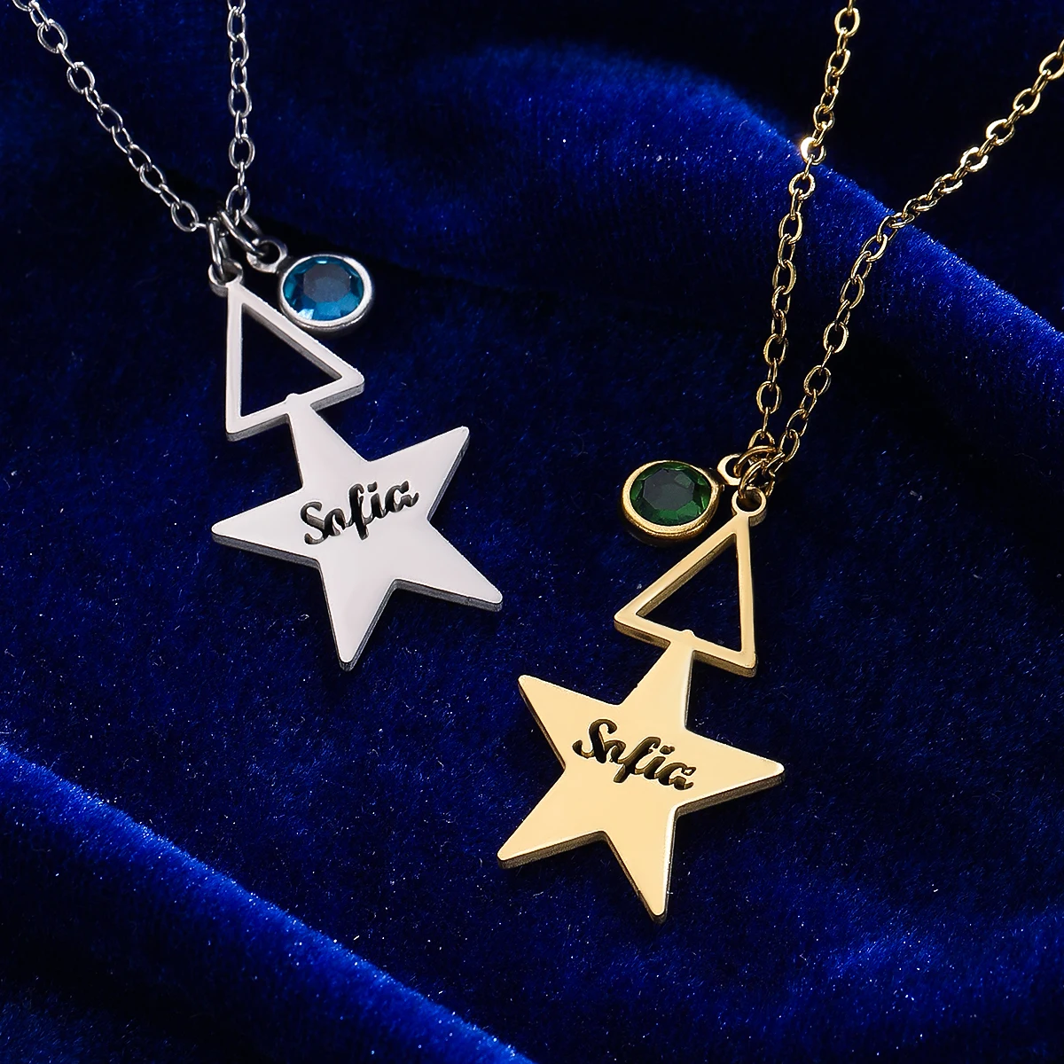 New Triangle Pentagram Crystal Personalized Custom Name Necklaces for Women Stainless Steel Chain Nameplate Pendant Jewelry Gift