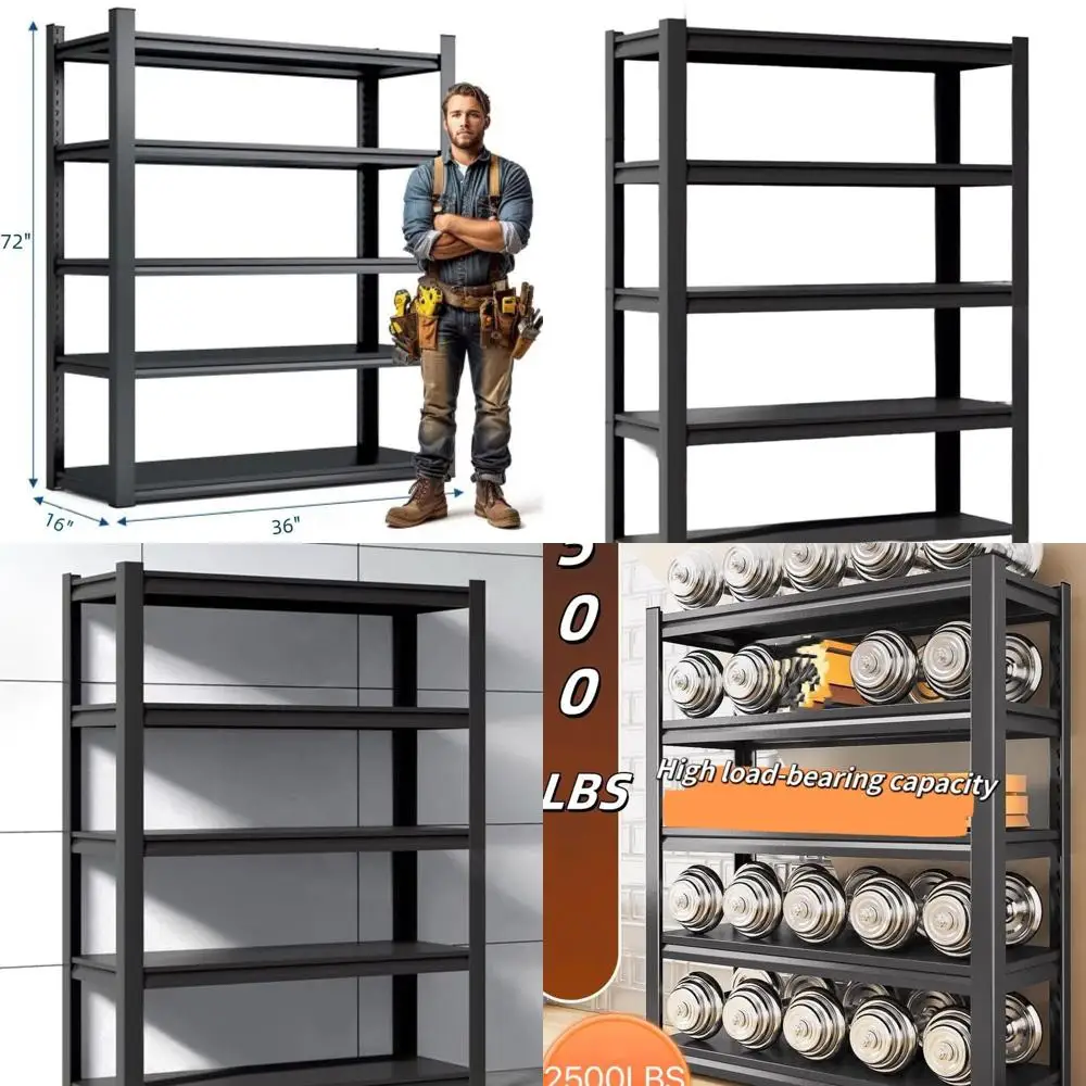 

16 x 36 x 72 Heavy-Duty 5-Tier Adjustable Metal Shelving for Industrial and Garage Storage, 2500 lbs Capacity, Black