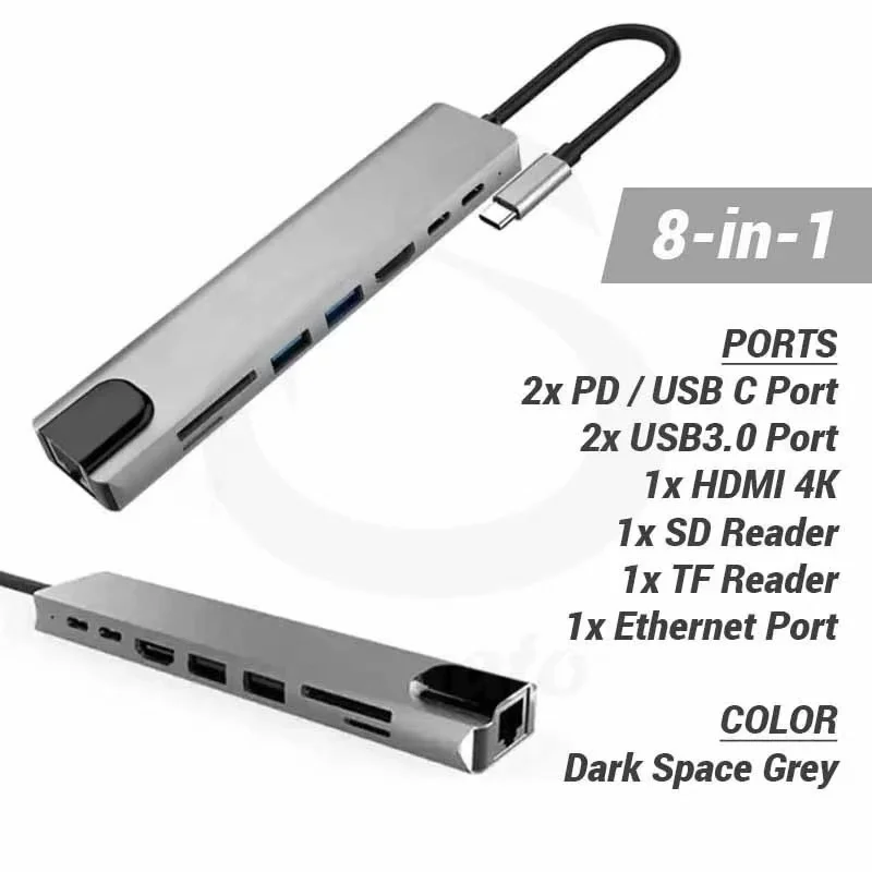 TypeC to HDMI network port expander for laptops, 8 in 1 docking station with multi-function and multiple interfaces, USB hub, SD