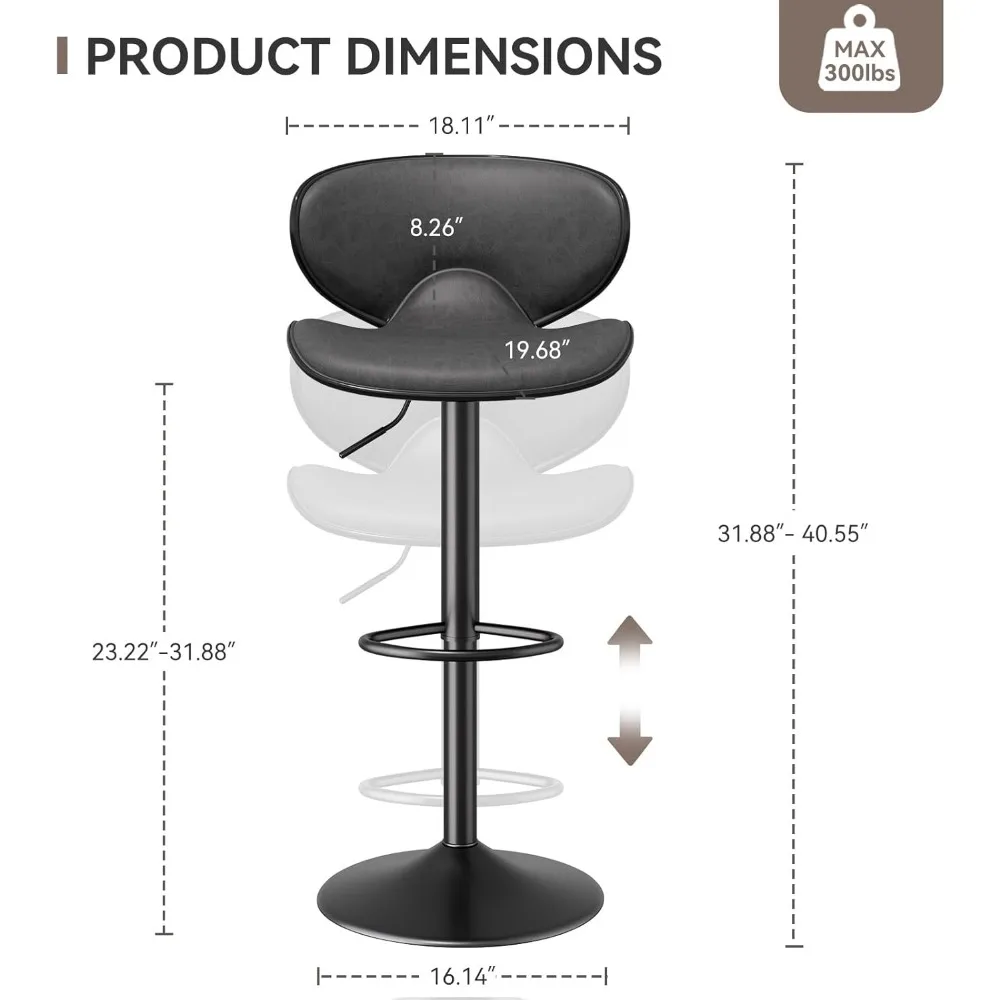 Set of 4 Faux Leather Swivel Bar Stools with Backrest and Adjustable Height for Kitchen Counter