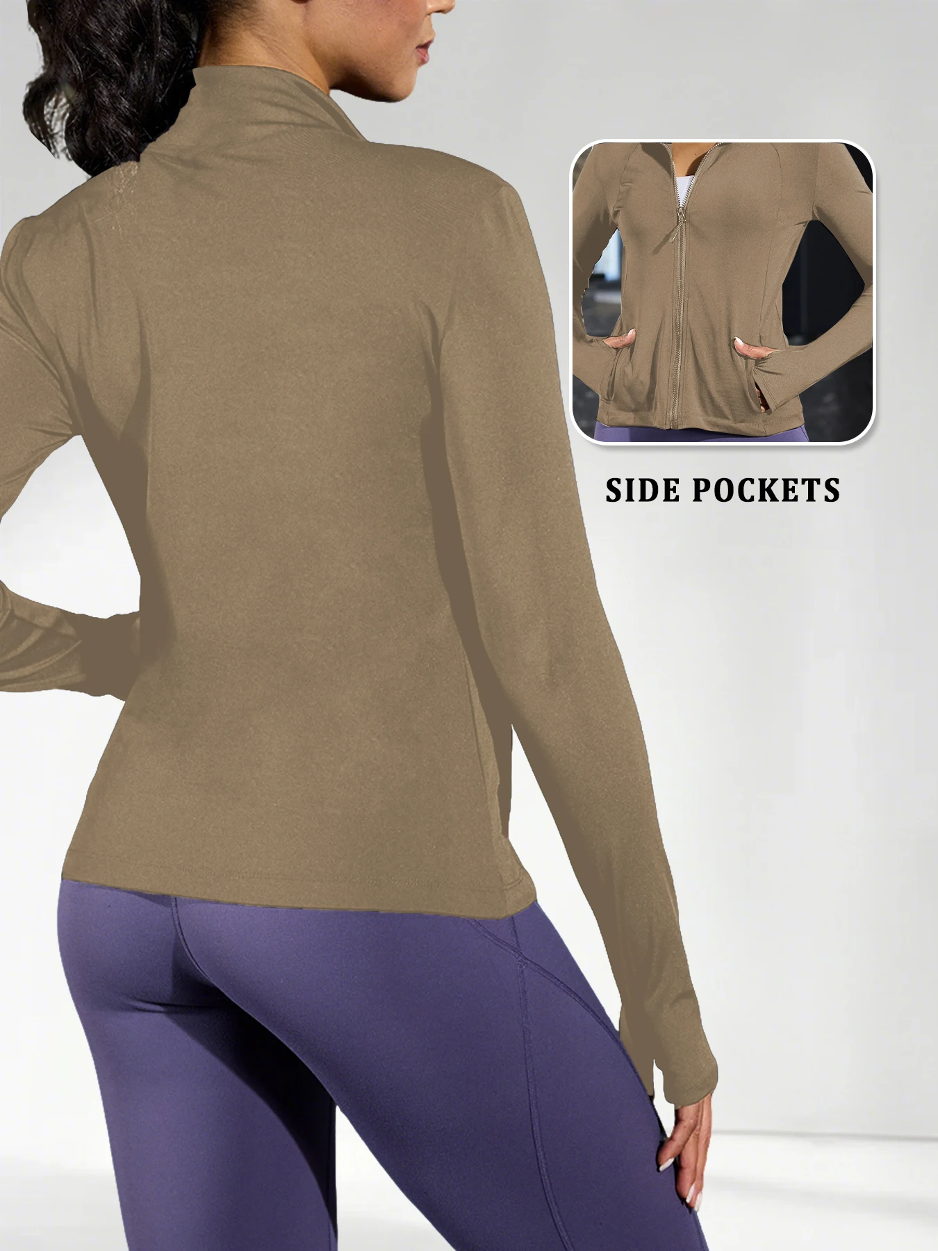 سترة يوجا نسائية بسحاب كامل مع فتحات إبهام للجري والمشي لمسافات طويلة والمزيد