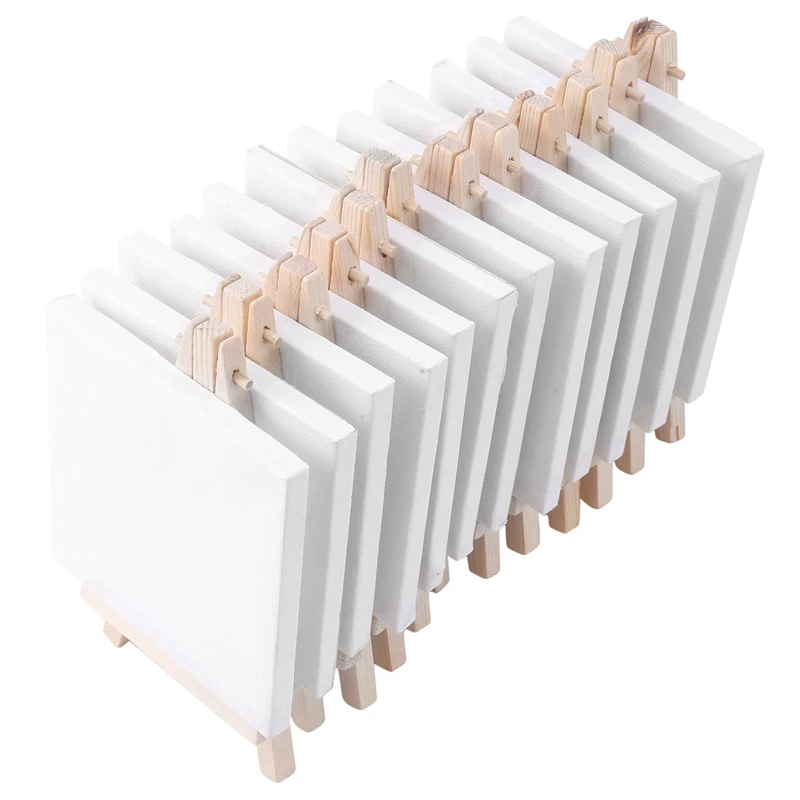 

4 By 4 Inch Mini Canvas And 8X16cm Mini Wood Easel Set For Painting Drawing School Student Artist Supplies, 36 Pack