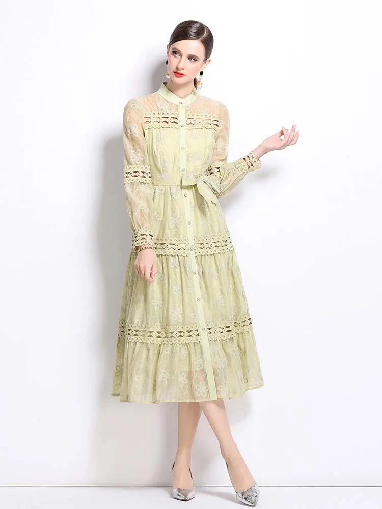 Elegancka sukienka koszulowa z kwiatowym haftem z szarfami damska z długim rękawem koronkowa patchworkowa sukienka Midi drążą 2025 lato 5D085