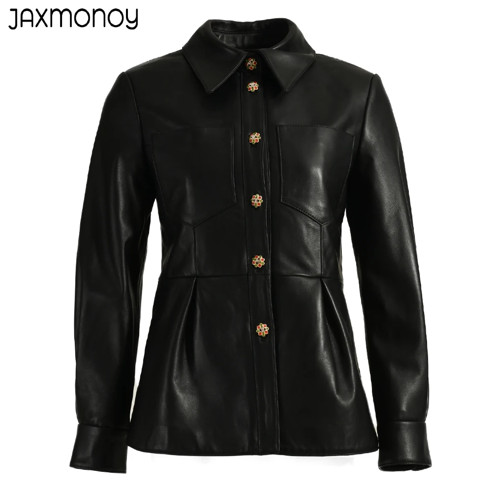 Jaxmonoy Women's Leather Jacket Spring Black Genuine Leather Rhinestone Button Fashion Ladies Full sleeves Sheepskin Coat Female