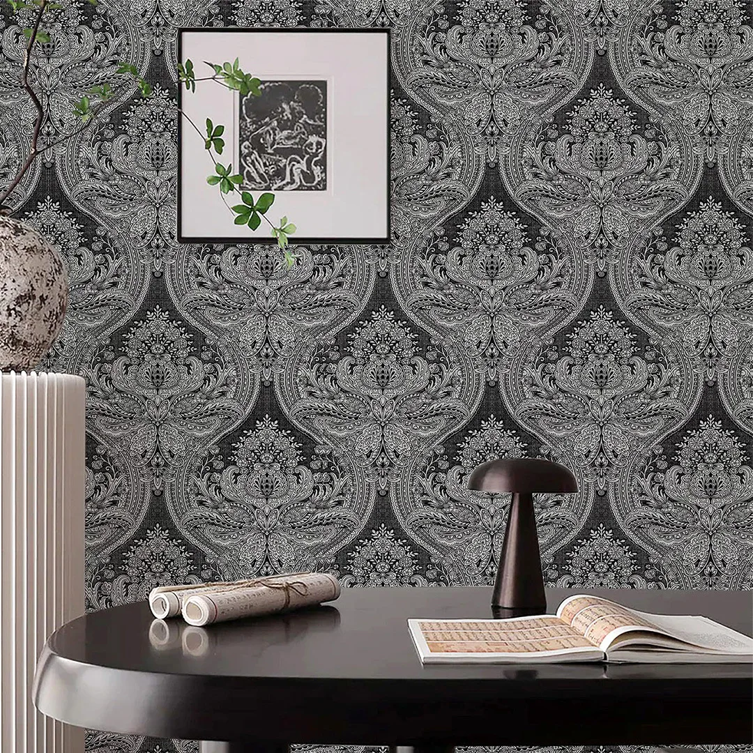Classic Damask Pattern Wallpaper Black White Non Self-Adhesive Luxury Floral Wall Paper Roll for Home Decoration Wallcovering