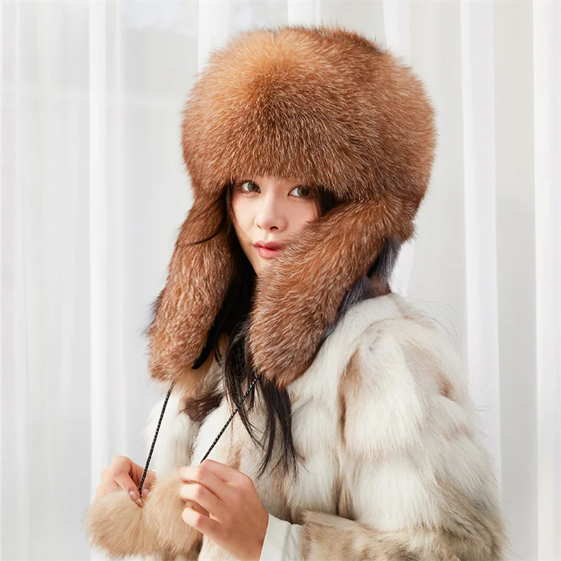 

100% Real Fox Fur Hats 2022 New Women's Ushanka Aviator Trapper Ski Hat Earmuff Winter Raccoon Fur Baseball Hat Warm Fur Hat