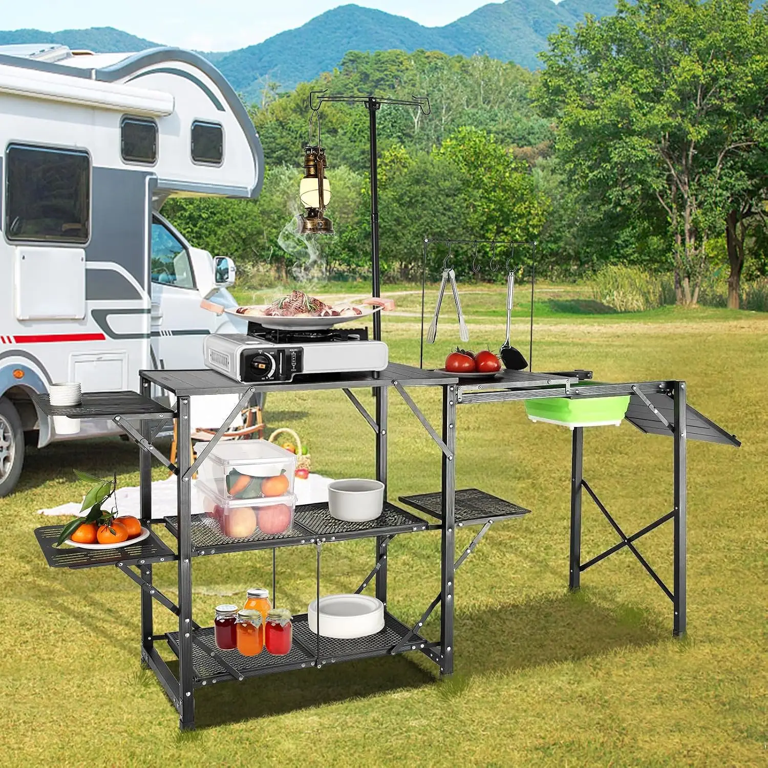 Camping Kitchen Table with Sink, Aluminum Folding Portable Outdoor Cook Station, 2 Shelves & Carrying Bag for Picnic BBQ Beach T