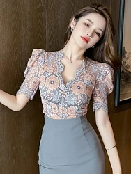 2023 French Fashion Elegant Blouse Female Hook Floral See Through Women Tops Outfits Sheer Lace Sexy T-Shirts Tees Party Clothes