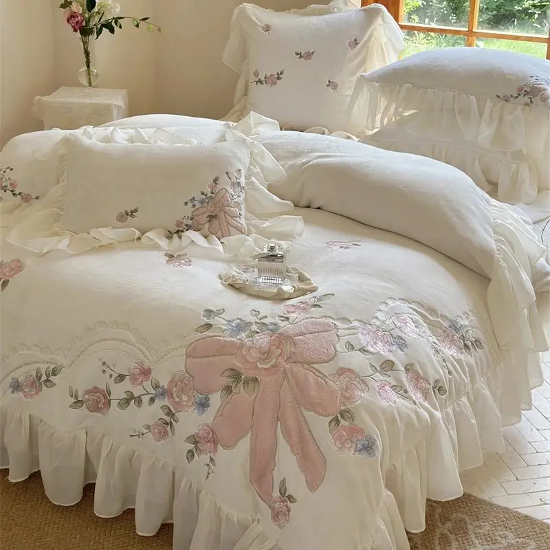 4Pcs Winter Bedding Set Pink Bow Flowers Embroidery Lace Ruffles Short Plush Milk Velvet Duvet Cover Set Bed Sheet Pillowcases