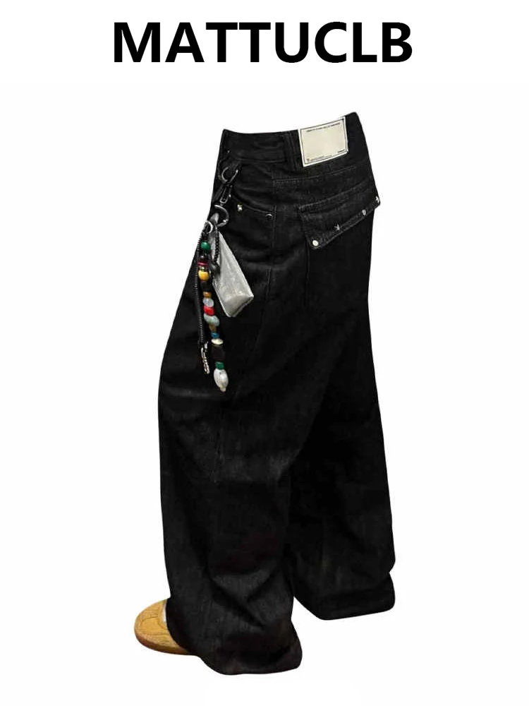 بنطلون جينز نسائي فضفاض داكن أكاديميا سايبر بانك هاراجوكو من قماش الدنيم الجرونج واسع مناسب أمريكي ريترو Y2K Harajuku كاوبوي هاي ستريت