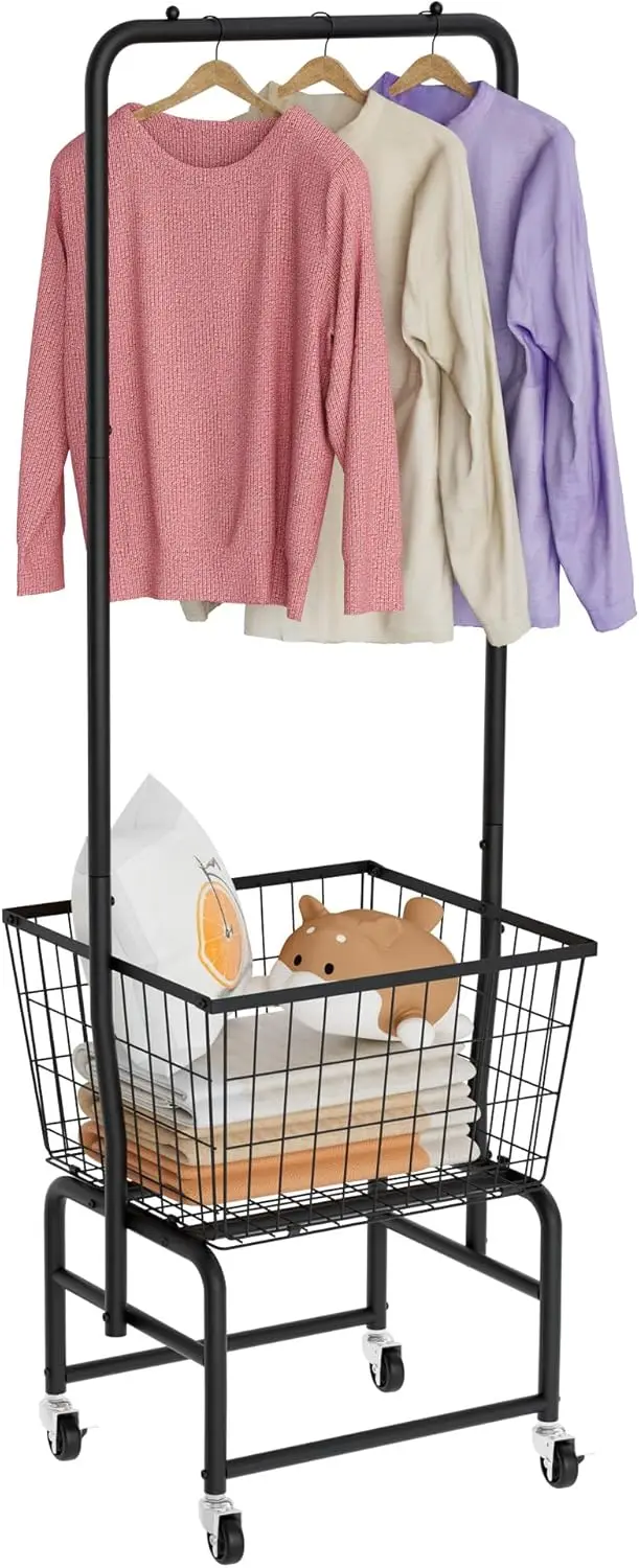 

Rolling Laundry Cart with Wheels, Clothes Hanging Rack, Wire Storage Basket Organizer, Black