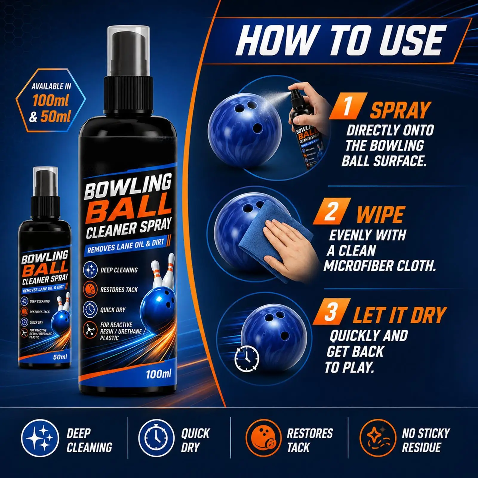 50/100mlPortable Bowling Ball Cleaning Spray With Towel Oil Remover Agent Dirt Cleaner For Performance Tackiness Restoration Gym