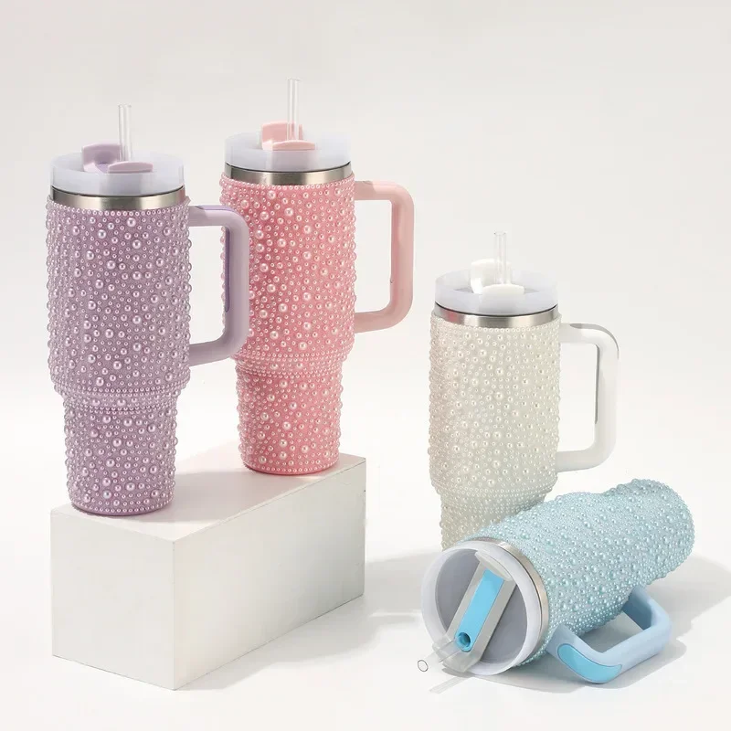 

40oz Pearl Tumbler with Handle 1200ml Pink Stainless Steel Thermal Portable Vacuum Insulated Car Mounted Water Cup Travel Cup