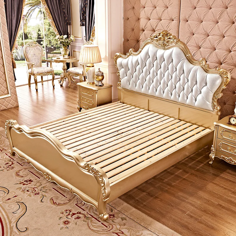 wood bed European double 1.8m genuine leather wedding bed Luxury French carved king bed Master bedroom Champagne gold furniture