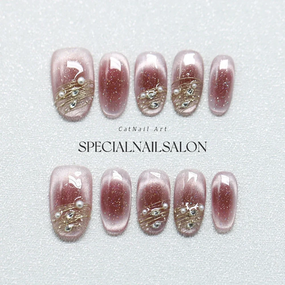 10Pcs Shiny Cat Eyes Handmade Hot Sell Press On Nails Kawaii Gradients Pearl Bowknot Awake Lion Wearable Full Cover Acrylic Nail