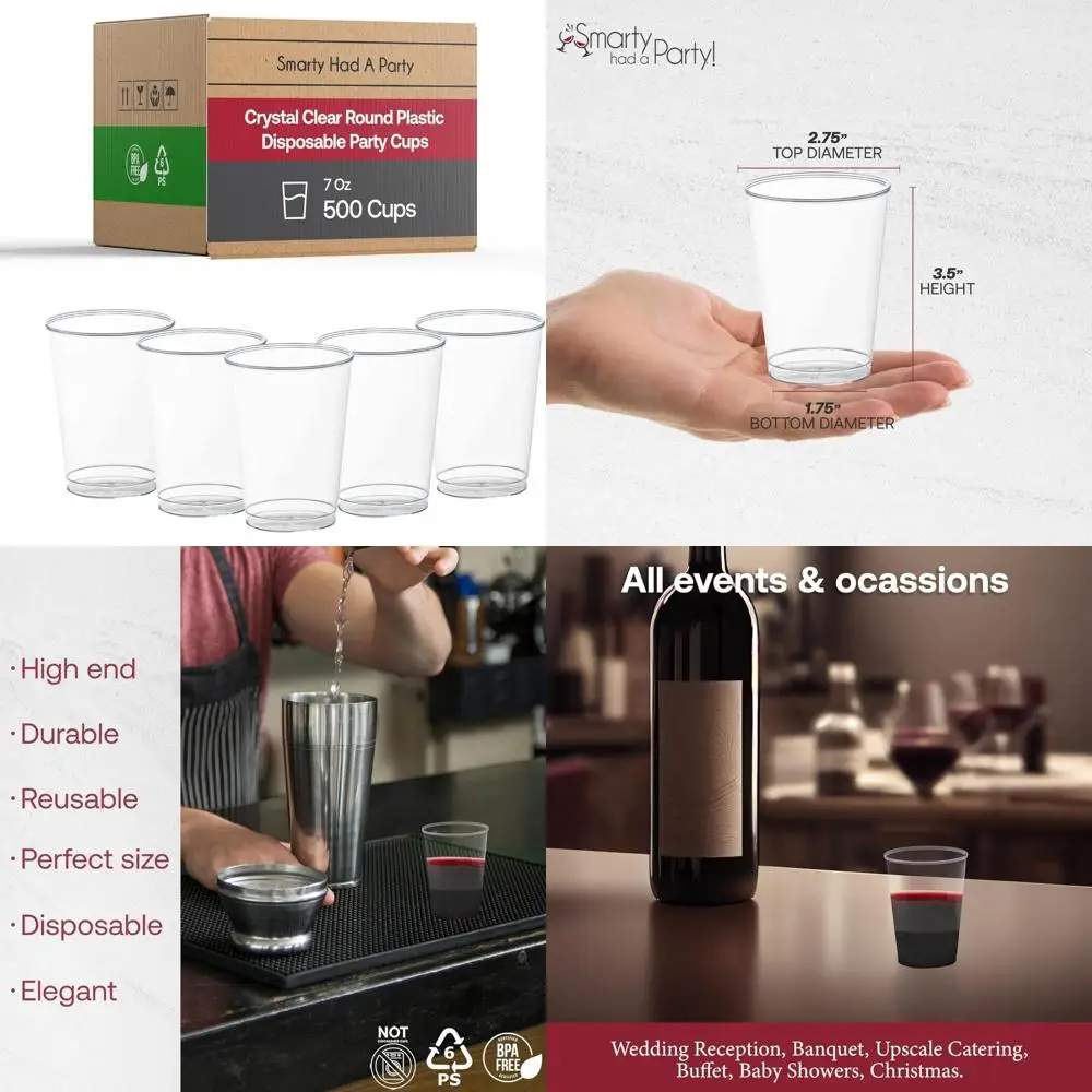 

Disposable Clear Plastic Cups - 500 Count - 7 oz Hard Tumblers for Parties - Bulk Punch Drinkware - Cocktail Glasses for Events