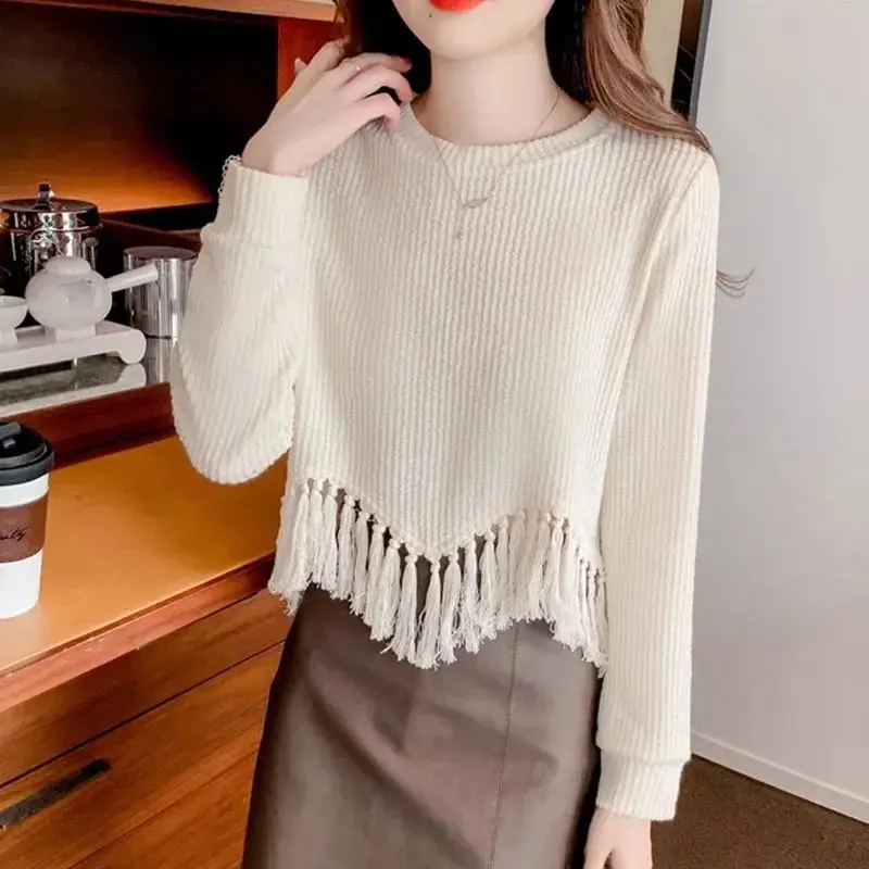 Autumn Winter Round Neck Screw Thread Solid Color Pullover Women\'s Long Sleeve Sweater Knitted Casual Fashion Elegant Tops