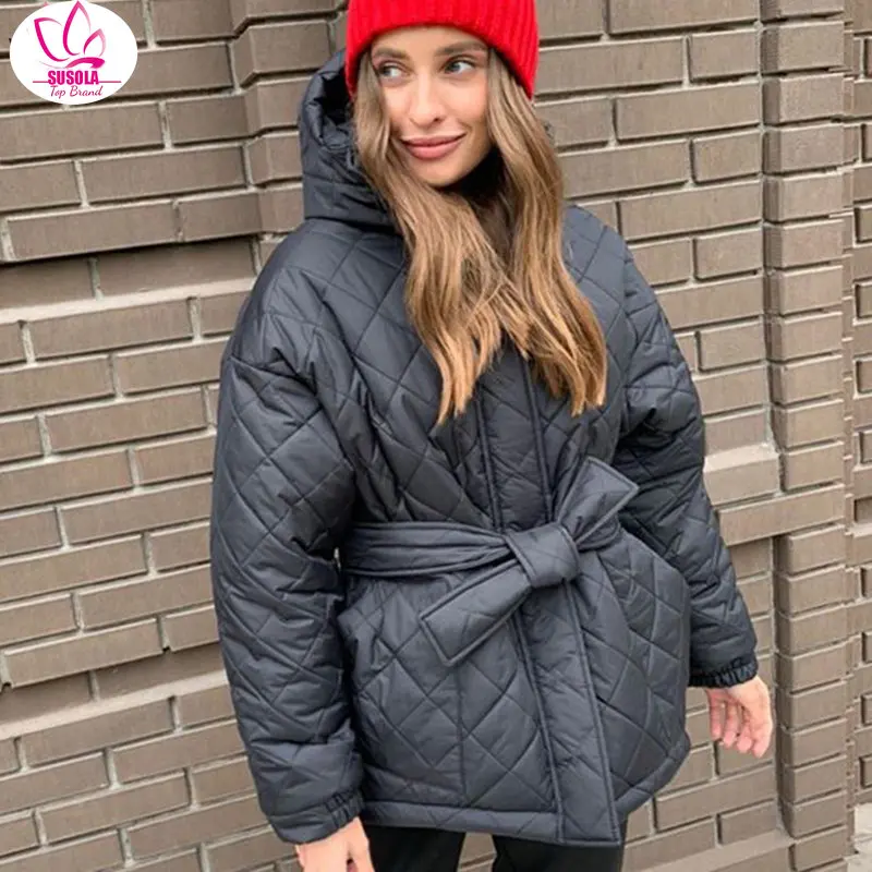 

Lady Casual Loose Arygle Hooded Parkas Women Trend Solid Thick Short Coats Women Elegant Tie Belt Cotton Jackets Female Ladies