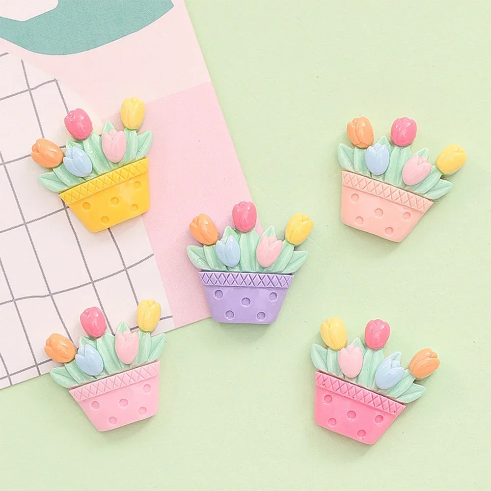 10PCS Shiny Tulip Flower Basket Resin Flat Back Cabochons For Hairpin Scrapbooking DIY Jewelry Craft Decoration Accessories