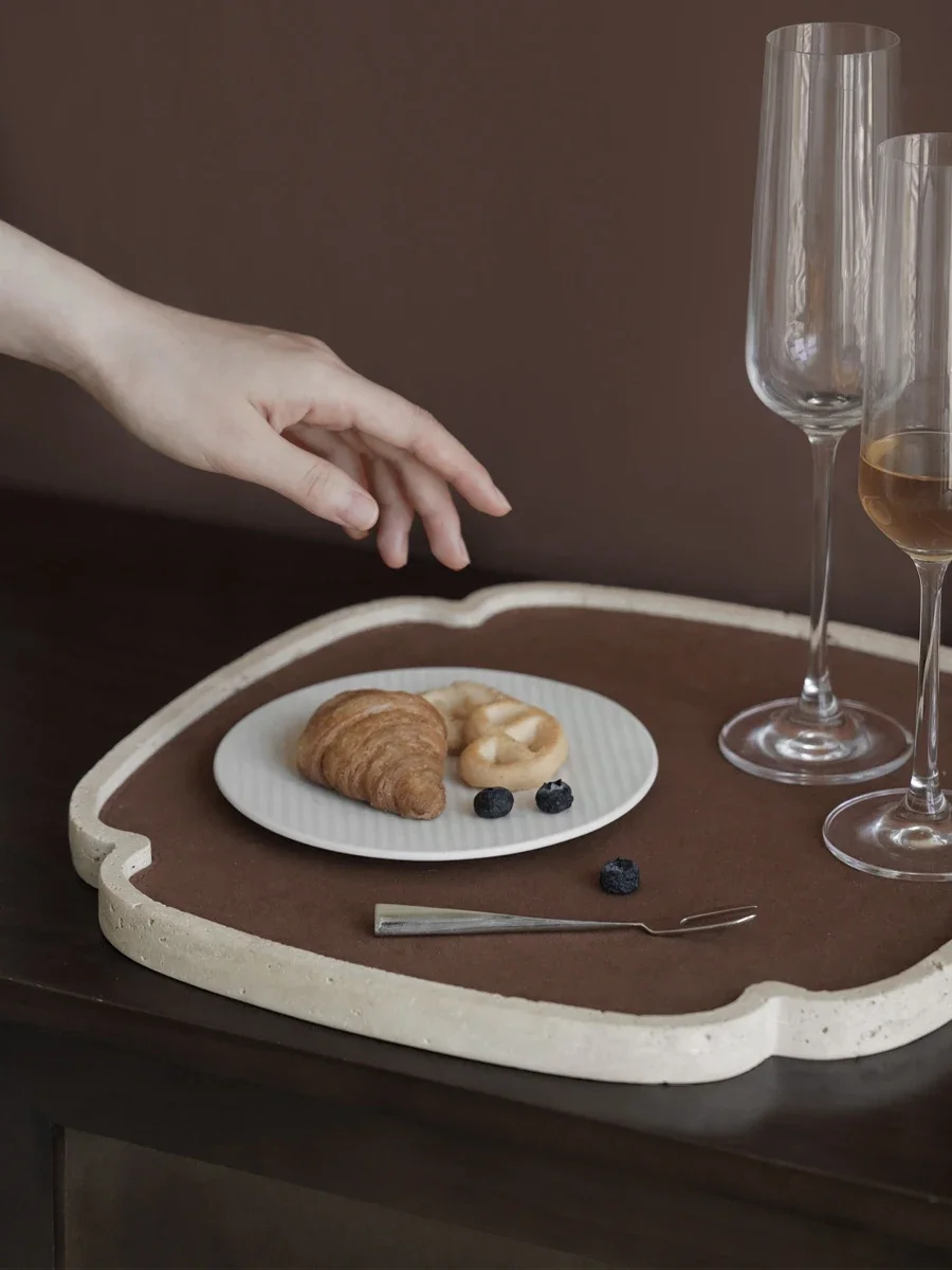 【Natural】Travertine Decorative Tray for Jewelry Trinket Versatile Serving Tray for Coffee Table Dresser Home Decor