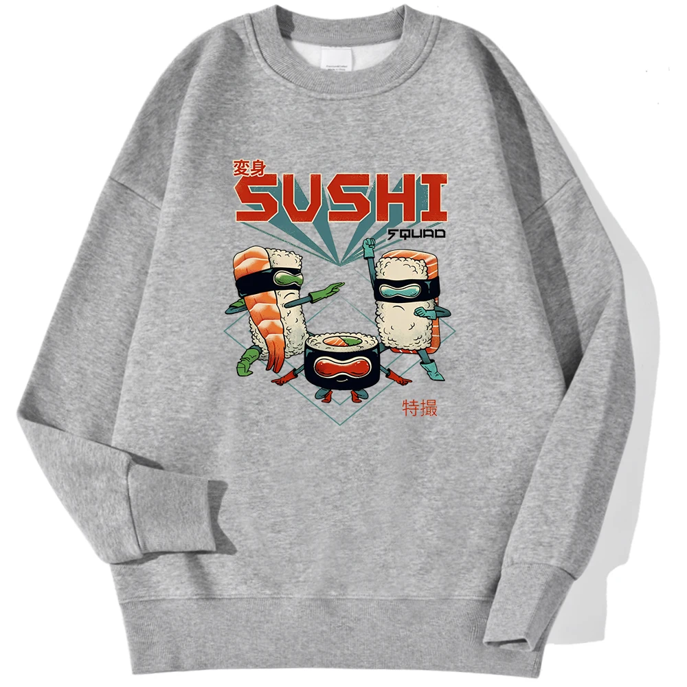 Japanese Cartoons Sushi Prints Male Pullovers Autumn Winter Fashion Hoodies Loose Crewneck Sweatshirts Warm Comfortable Clothing