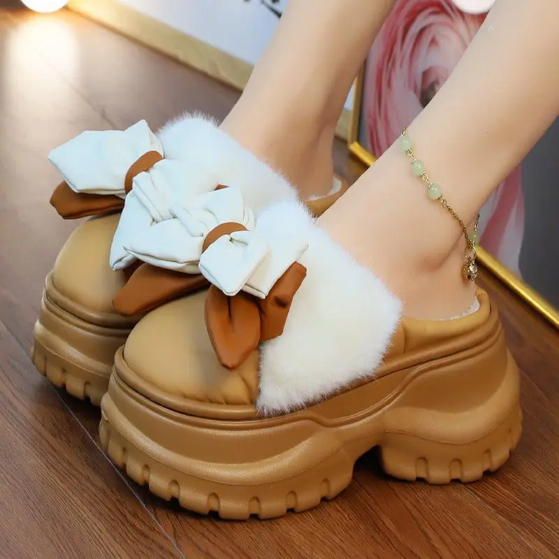 

Women's Warm Home Furry Slippers Cute Autumn Winter Bow Thick Plush Non-Slip Leisure Shoes Soft Bedroom Platform Flat Slides﻿﻿