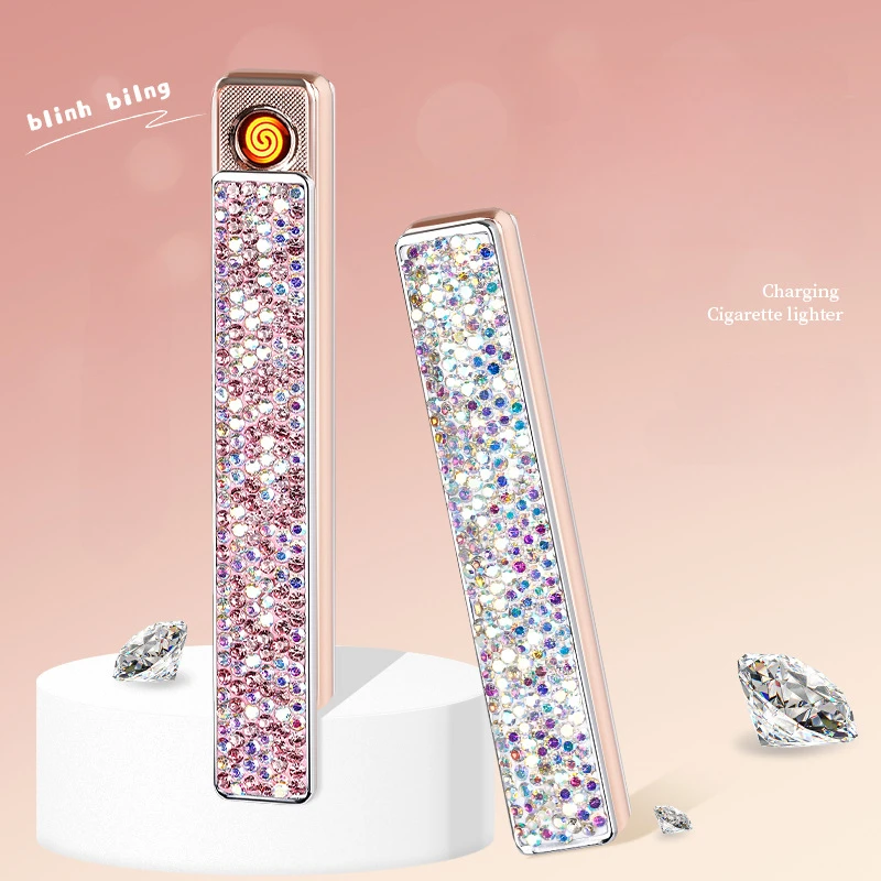 Cute Windproof Ultra-thin Tungsten Wire Lighter Compact Minimalist Diamond Studded USB Charging Electric Lighter for Women Gifts