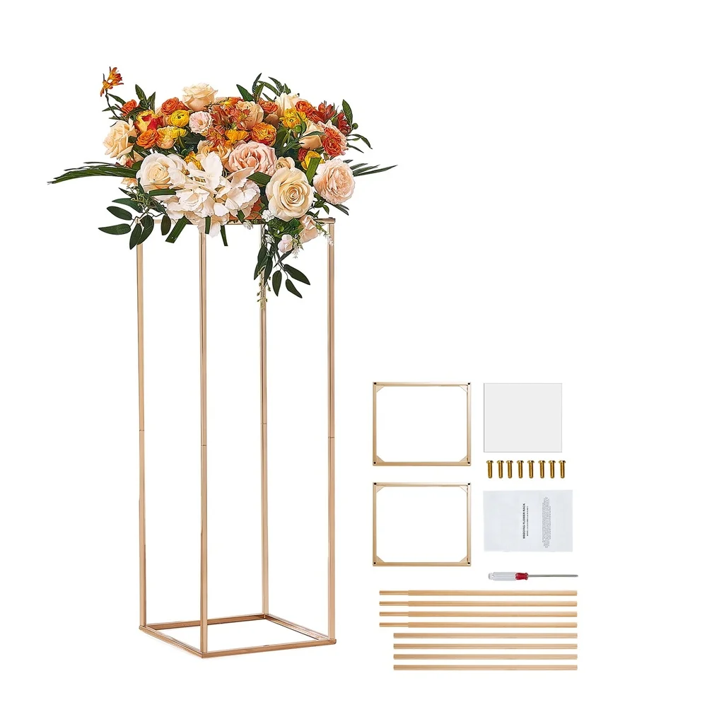

Pair of 31.5 Inch Tall Floral Stands Acrylic Coated Metal Vase Columns Gold Display Racks Weddings Parties Events