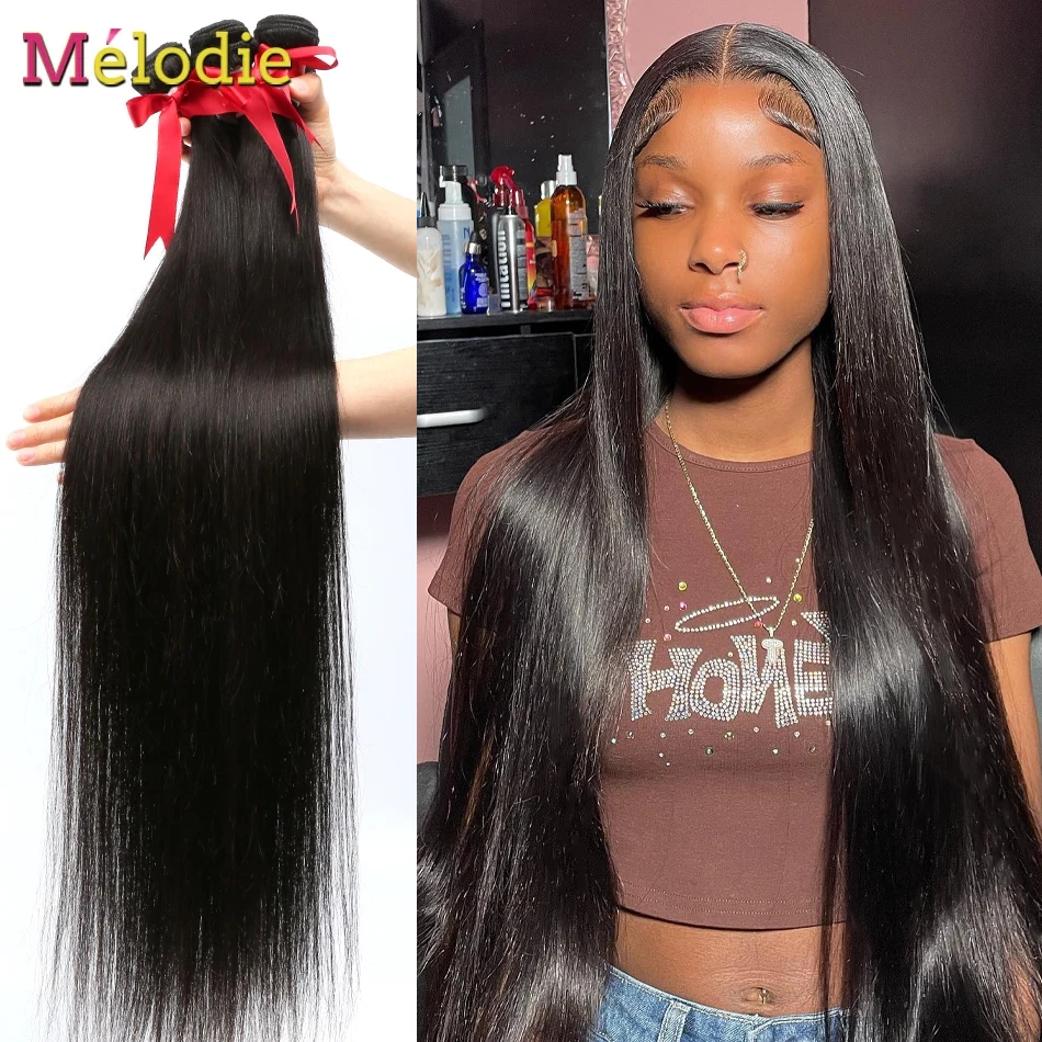 MELODIE Bone Straight Human Hair Weave Bundles  Natural Black 30 40 Inches Human Hair Extensions Brazilian