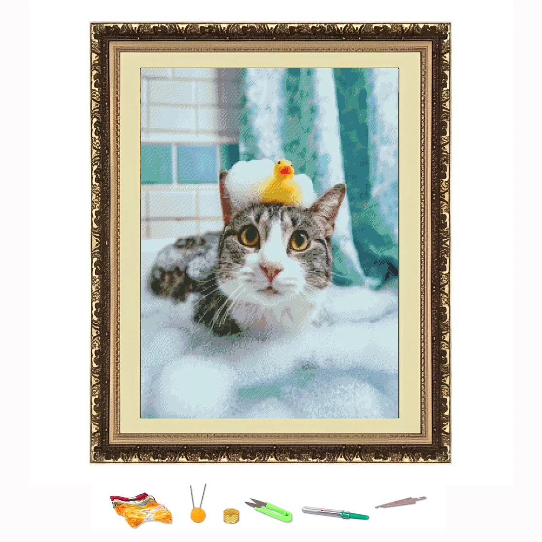 Cross Stitch Embroidery Cat Bubble Bath Thread Drawing DIY Needlework Kit Decorate Printed on Canva 11CT