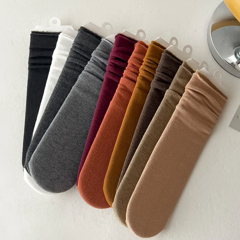 2024 Winter Cotton Pile Socks That Do Not Tighten The Feet and Add Velvet, Solid Color Japanese Retro Mid-length Colorful Socks