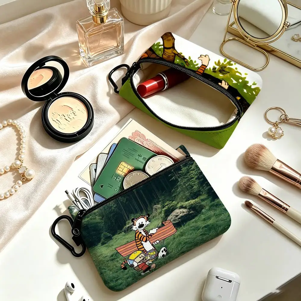 C-Calvin and H-Hobbes  Portable Oxford Fabric Mini Wallet Carabiner Design Small Coin Bag For Cards Keys Earphones