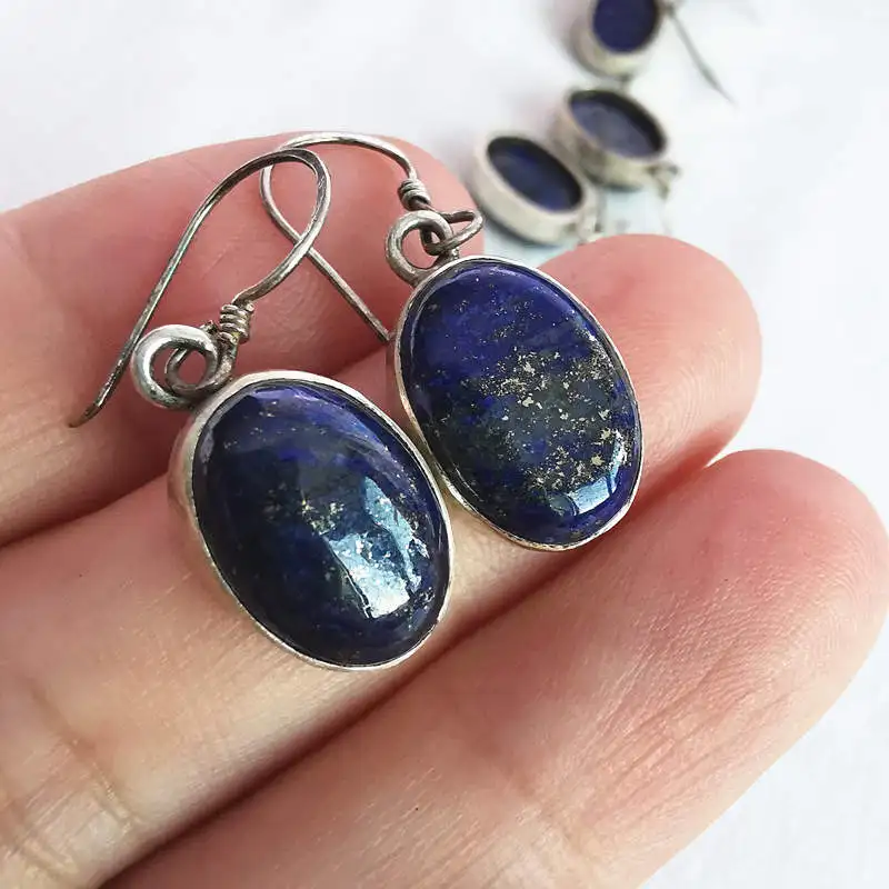 Nepal Handmade Vintage Jewelry Earrrings 925 Silver Inlaid Lapis Lazuli Green Agate Oval Drop Earring T9115