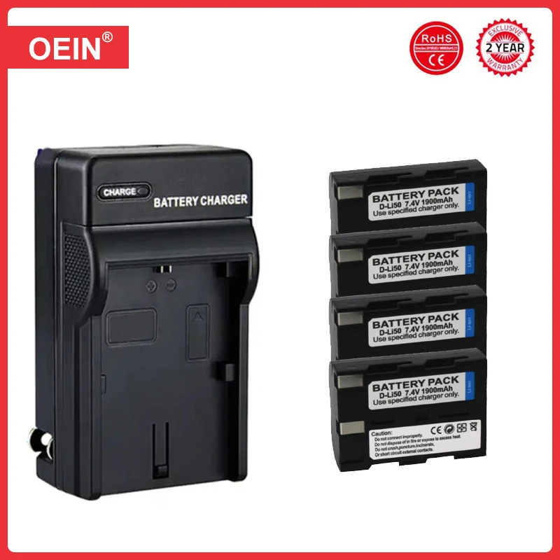 4Pcs 1900mAh NP-400 D-LI50 Battery + Charger for Pentax K10D K20D, Konica Minolta DiMAGE A1, A2, Dynax 5D, 7D, Maxxum 5D, 7