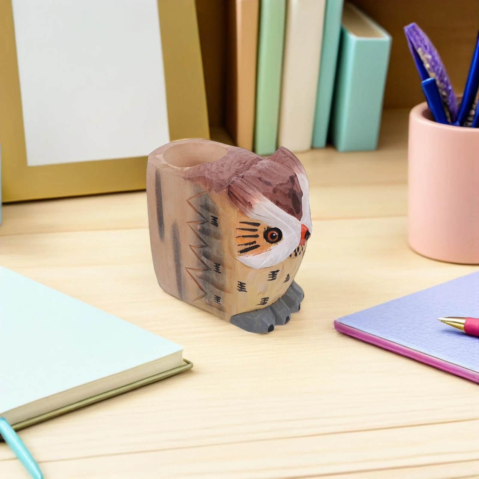 حامل أقلام على شكل بومة خشبية مصنوع يدويًا - منظم مكتب فريد من نوعه للقرطاسية - تخزين فعال لسطح المكتب بملمس طبيعي -