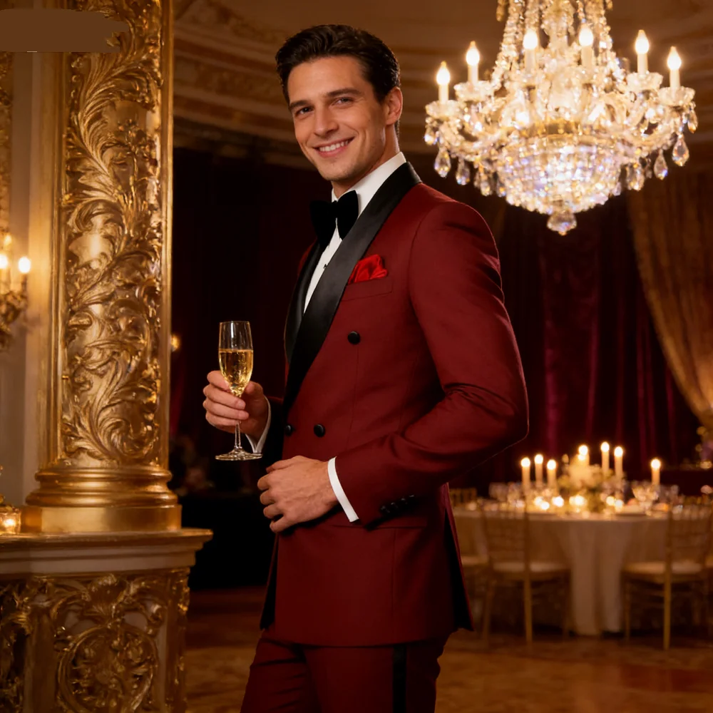 

Slim Fit Men's Tuxedo 2 Piece Set Shawl Lapel Double Breasted Jacket with Pants Best Man Wedding Groom Business Formal Wear