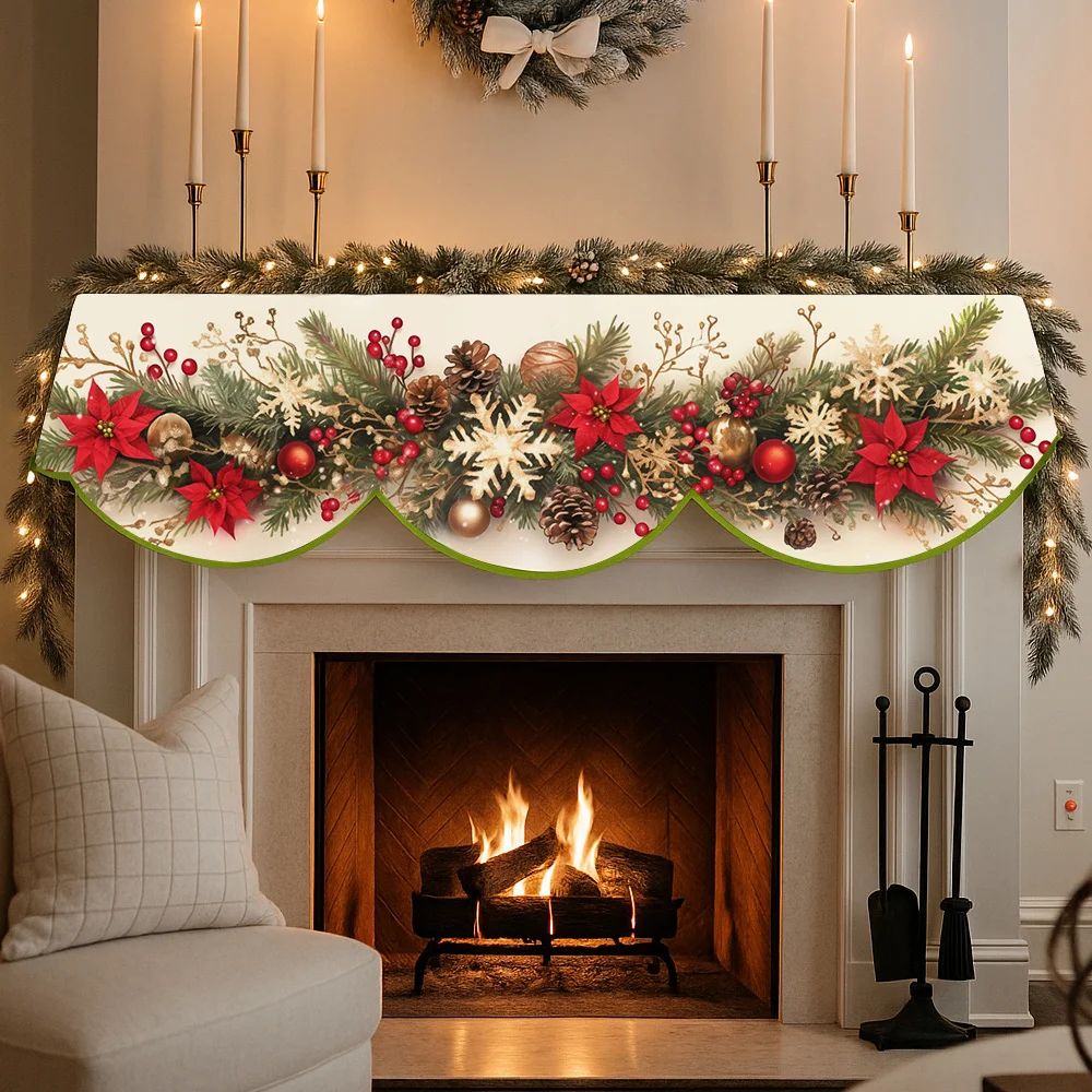 VIKAMA Traditional Christmas Fireplace Mantel Scarf Pine Cone Poinsettia Snowflake Mantel Topper Xmas Home Fireplace Decor