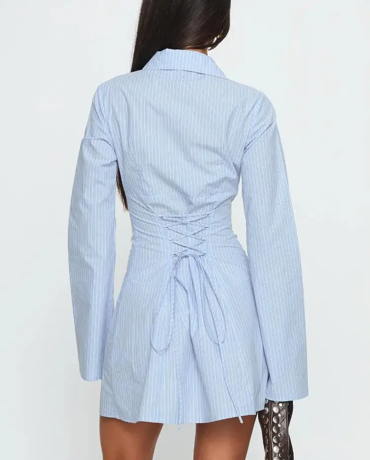 Summer Women's Y2K Shirt Dress Slimming Waist Short Skirt Mini Dress High Waistline Flirty Style Full Sleeve Regular Collar