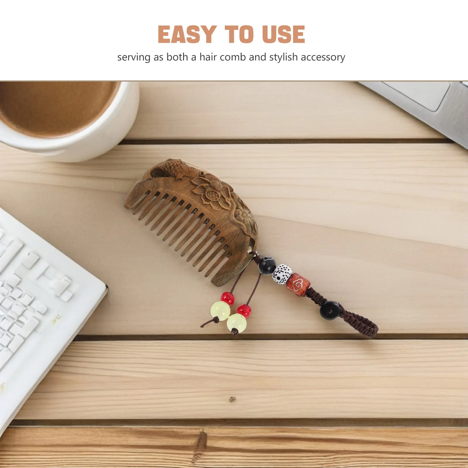 Mini Carved Sandalwood Comb Pocket Size Vintage Chinese Style Lotus Fish Motif Travel Hair Comb Portable Keychain Ornament