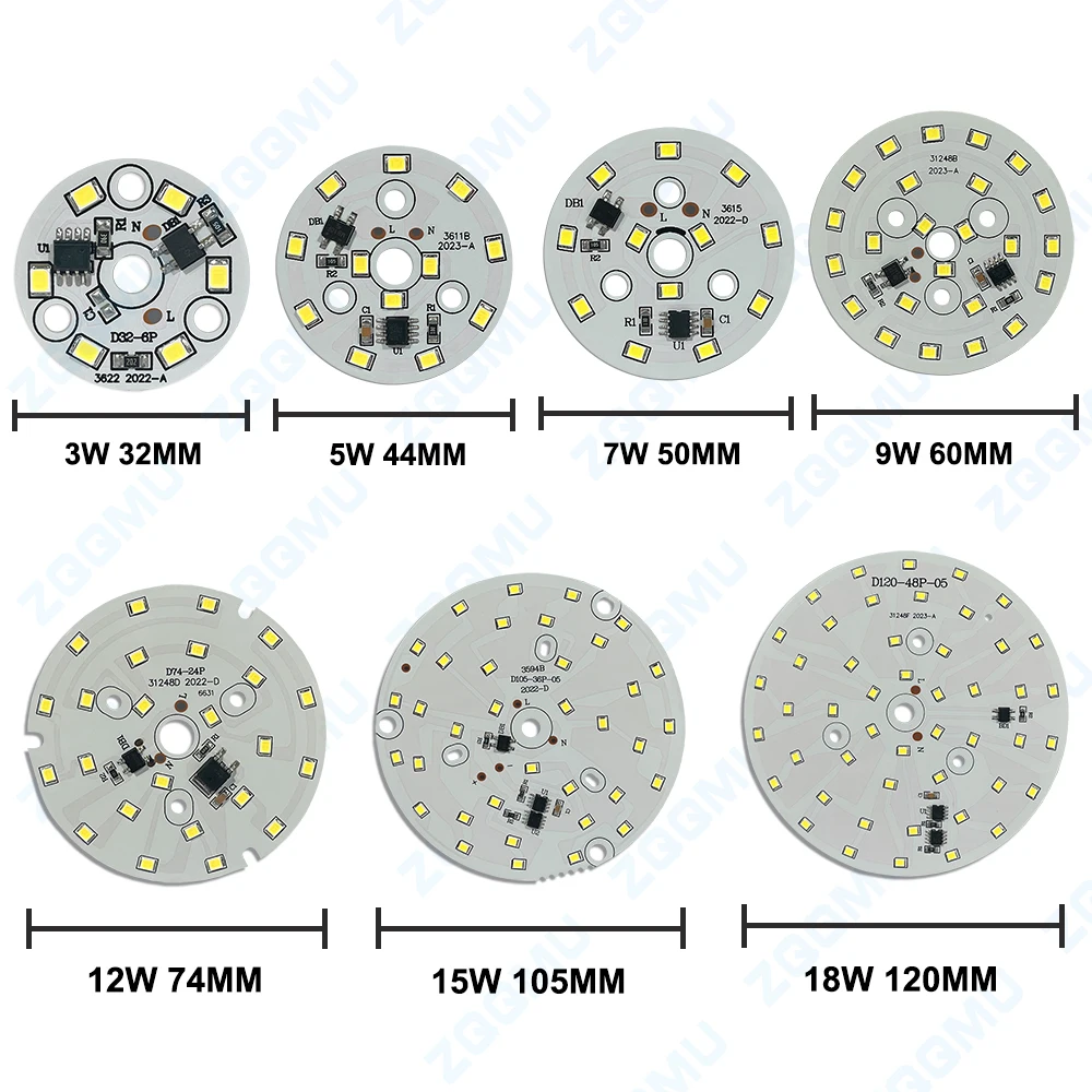 1 buah AC 220V bebas pengemudi papan PCB bohlam lampu LED bohlam cahaya bulat 3W 5W 7W 9W 12W 15W 18W putih dan hangat SMD 2835