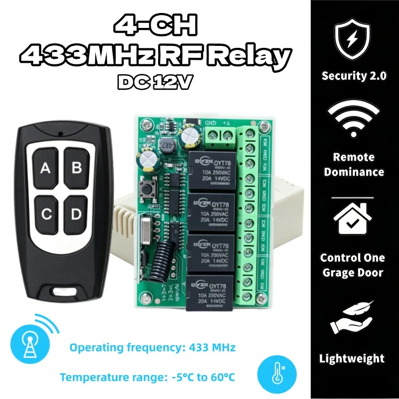 Universal Wireless Remote Control Switch DC 12v 4CH Relay Receiver Module With 4 Channel RF 433 Mhz Transmitter