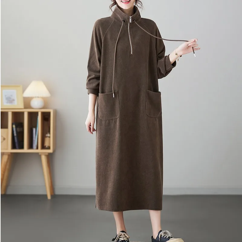 Plus size f mole vestido enssado solto emaecimento cor pura estilo casual outono inverno moda design coreano